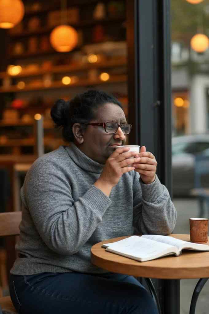 Usha Singh-Das sitting in a café with a notebook and a cup of coffee