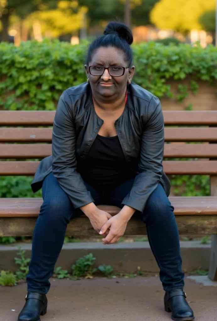 Usha Singh-Das, author and speaker, sitting on a park bench